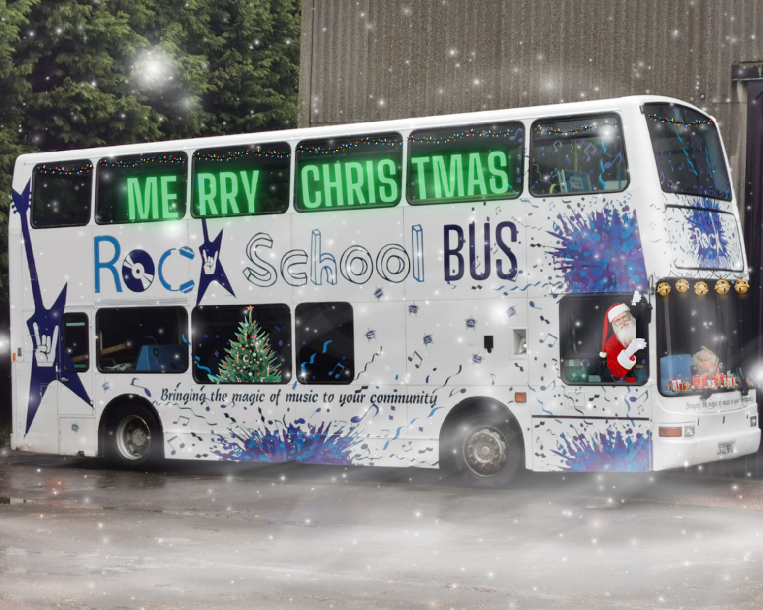 Bus with christmas decoration and Santa driving